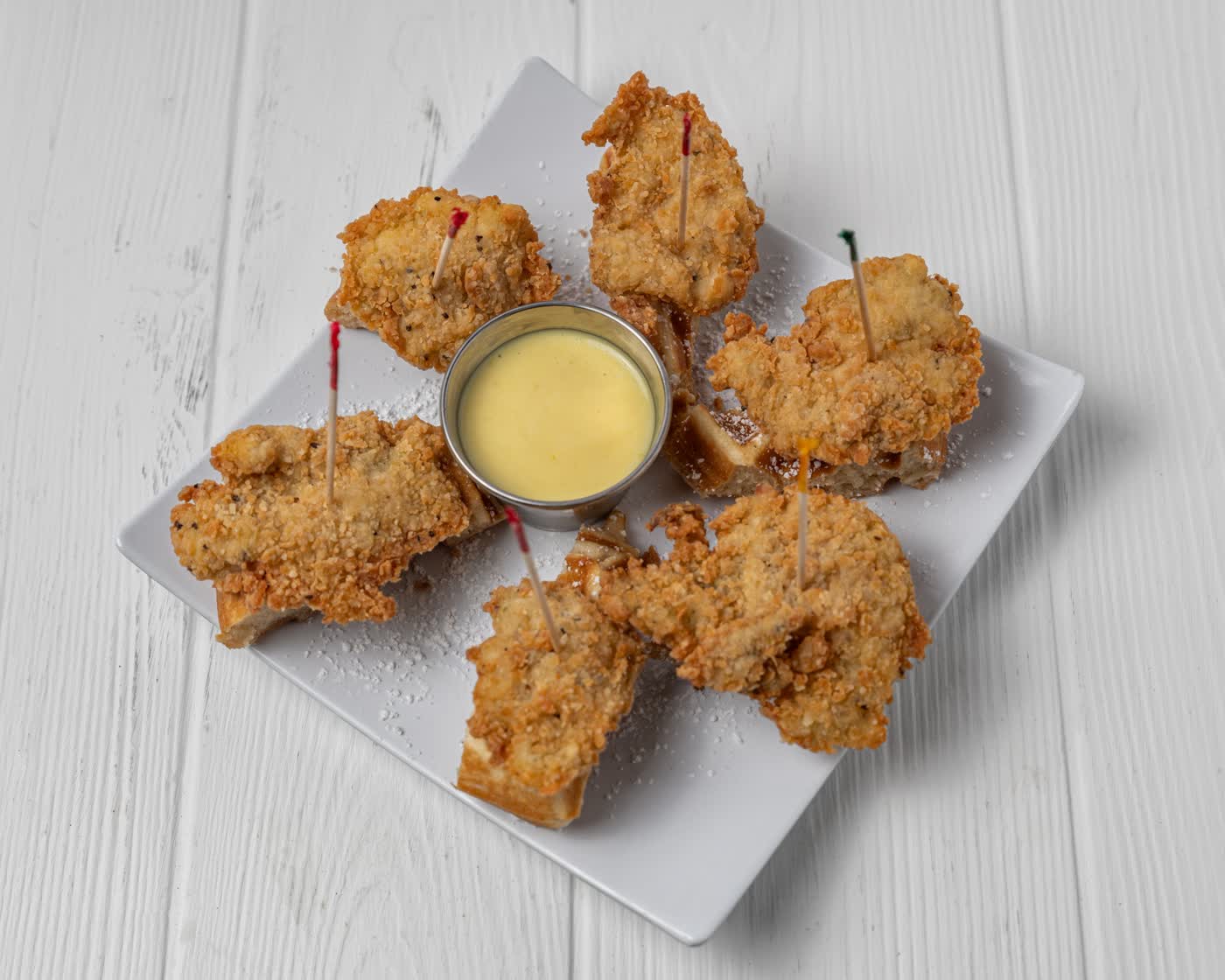 Chicken and waffle bites with honey mustard